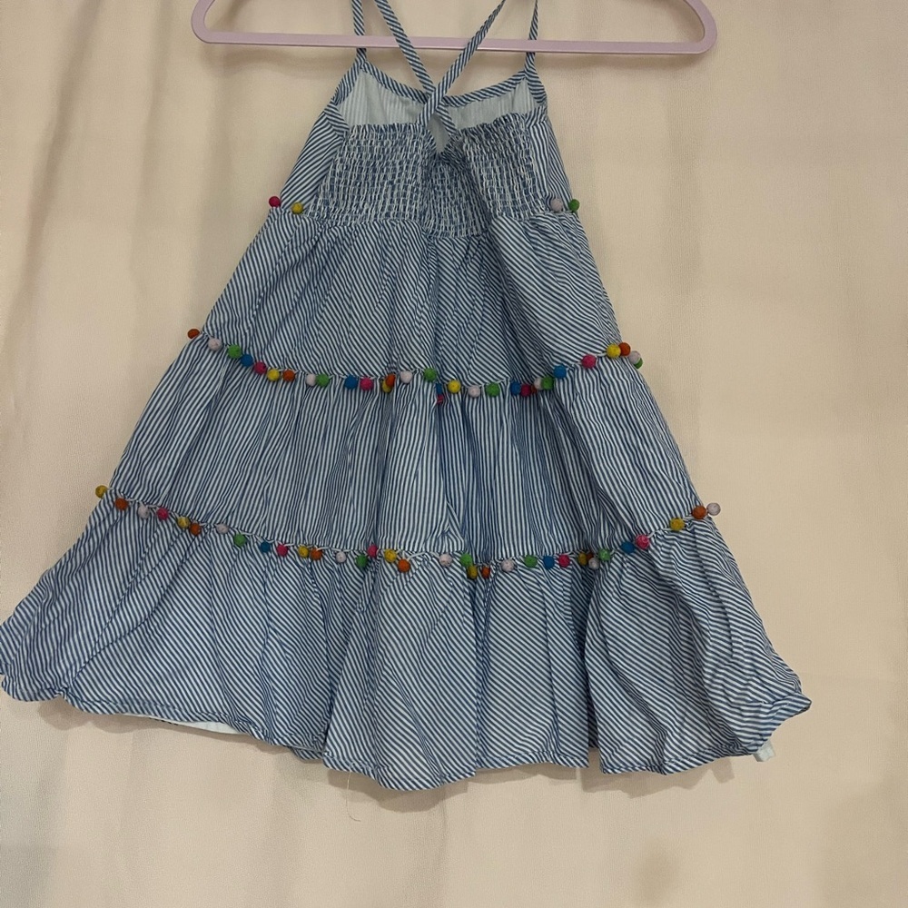 Striped Blue Kids Dress with Pom-Poms - Picture 7 of 8
